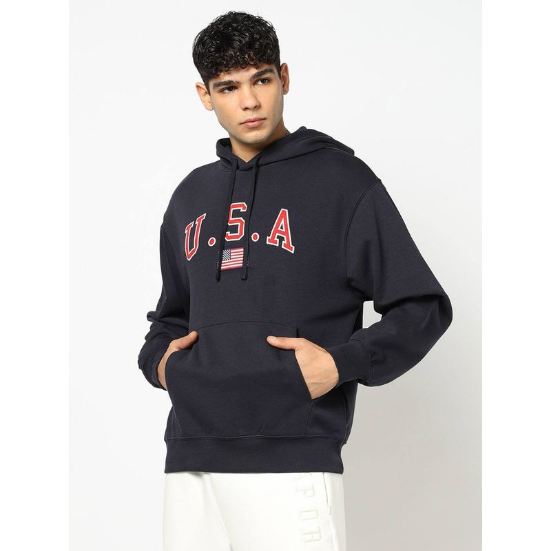GAP Men Navy Blue Cotton Blend Typography Hoodie (XS)