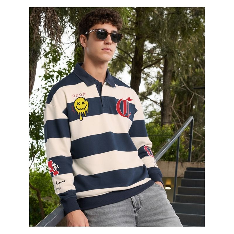 Bewakoof Men Beige Cotton Blend Stripes Sweatshirt (S)