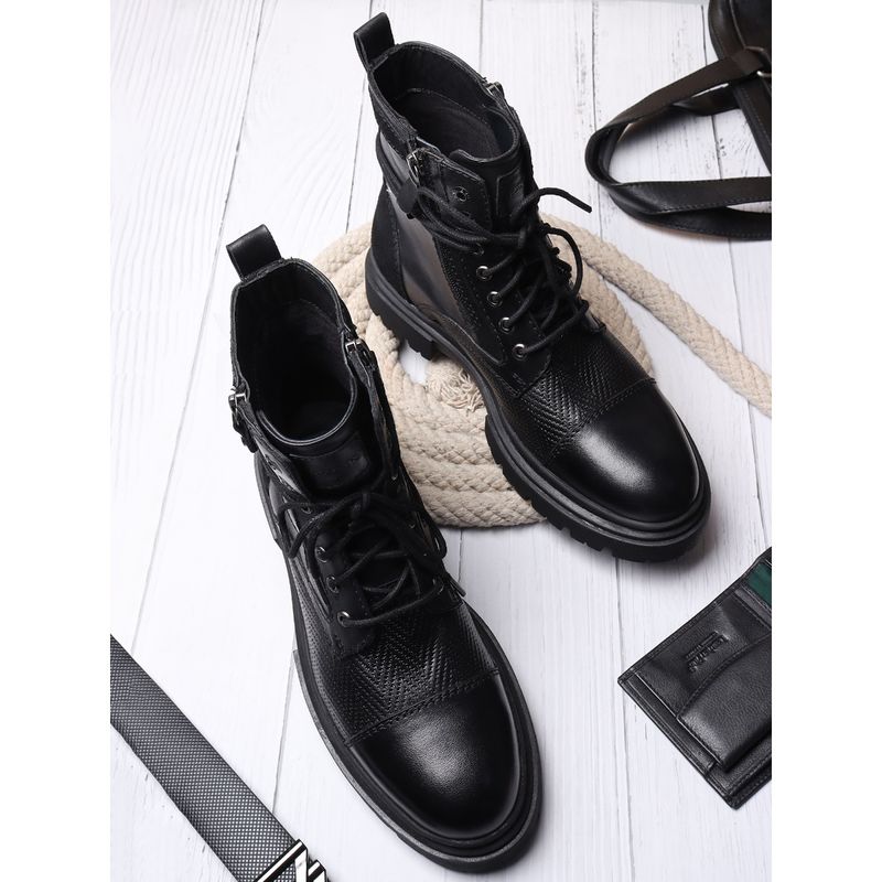 EZOK Men Black Texture Pattern Lace Up Leather Boots (UK 9)