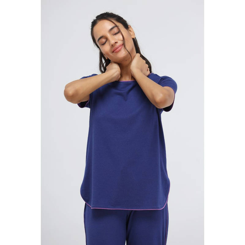 NeceSera Sadalight Blue Supima Piping Lounge Top (L)