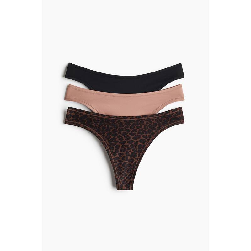 H&M Women Multi-Color 3-Pack Microfibre Thong Briefs (M)