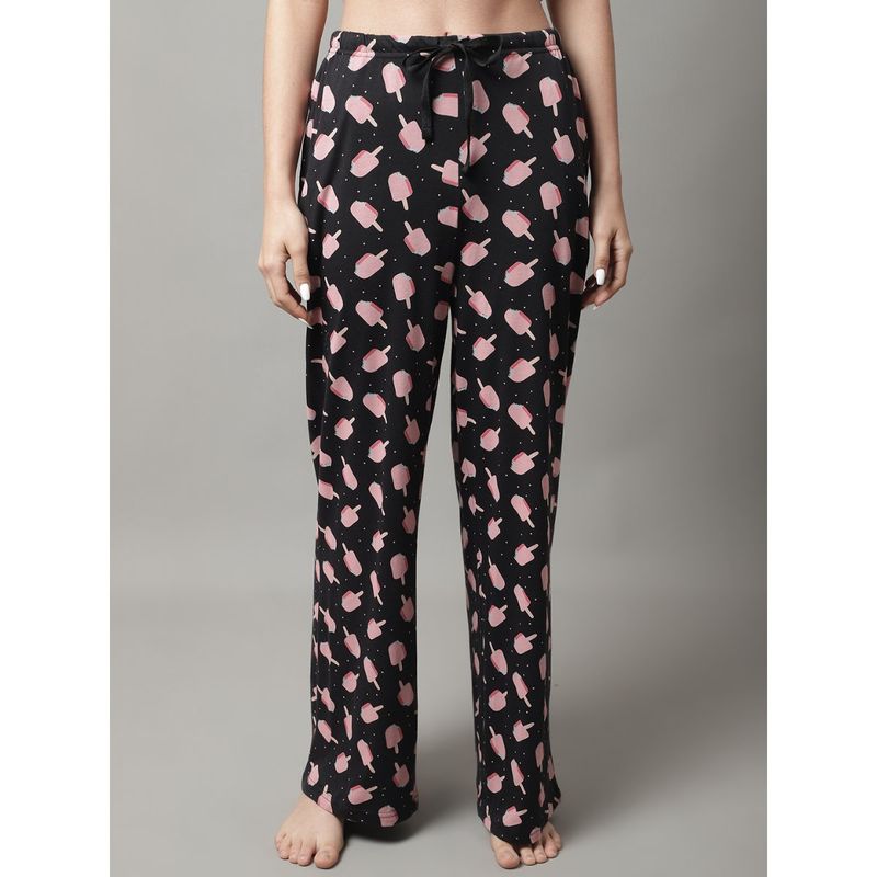 Kanvin Womens Printed Self Design Knitted Straight Fit Pajamas - Black (S)