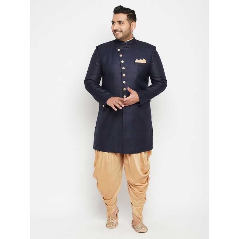 Vastramay Plus Men Navy Blue Silk Blend Sherwani (Set of 2) (4XL)