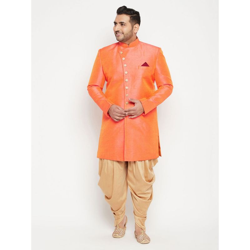 Vastramay Plus Men Orange Silk Blend Sherwani (Set of 2) (3XL)