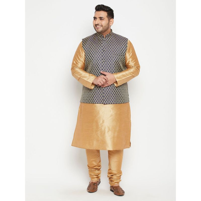 Vastramay Plus Men Rose Gold Silk Blend Jacket Kurta Churidar (Set of 3) (4XL)