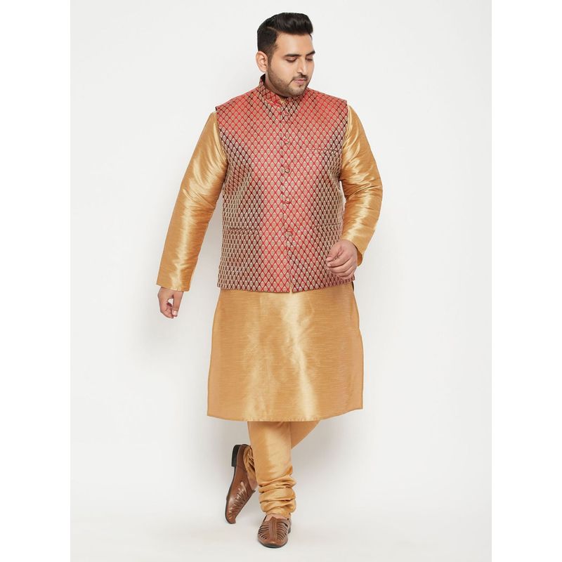 Vastramay Plus Men Rose Gold Silk Blend Jacket Kurta Churidar (Set of 3) (5XL)