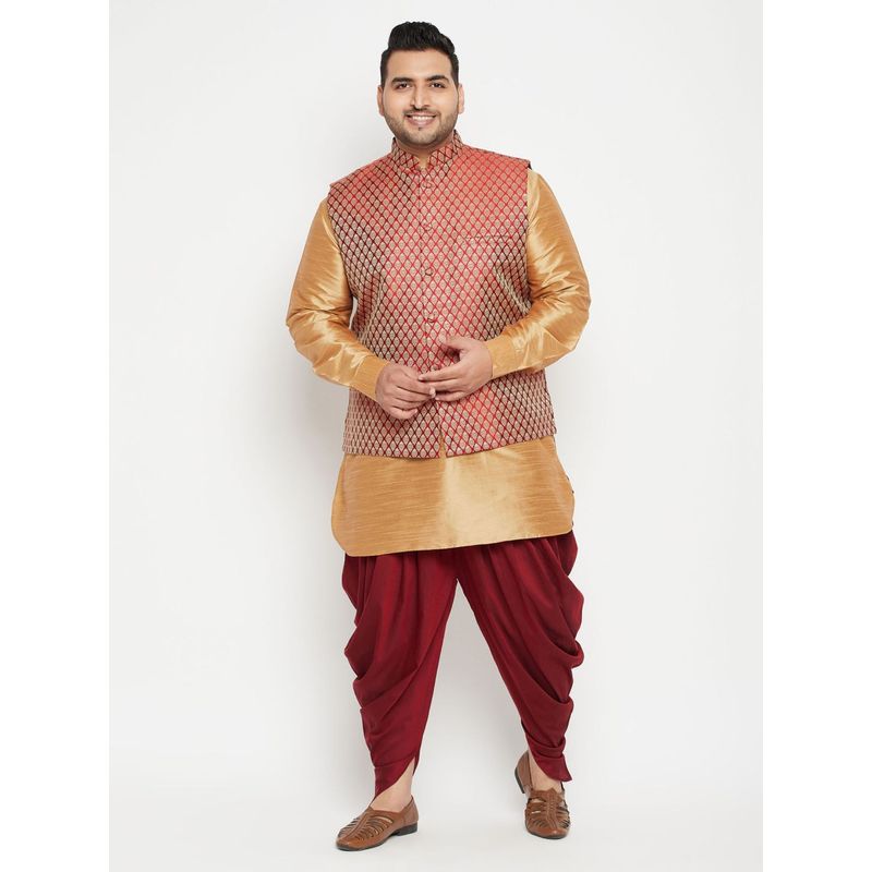 Vastramay Plus Men Rose Gold Silk Blend Jacket Kurta Pyjama (Set of 3) (2XL)