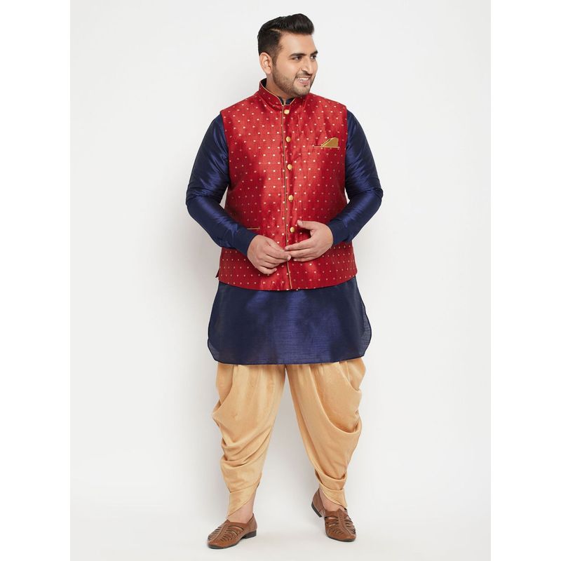 Vastramay Plus Men Navy Blue Silk Blend Jacket Kurta Pyjama (Set of 3) (3XL)