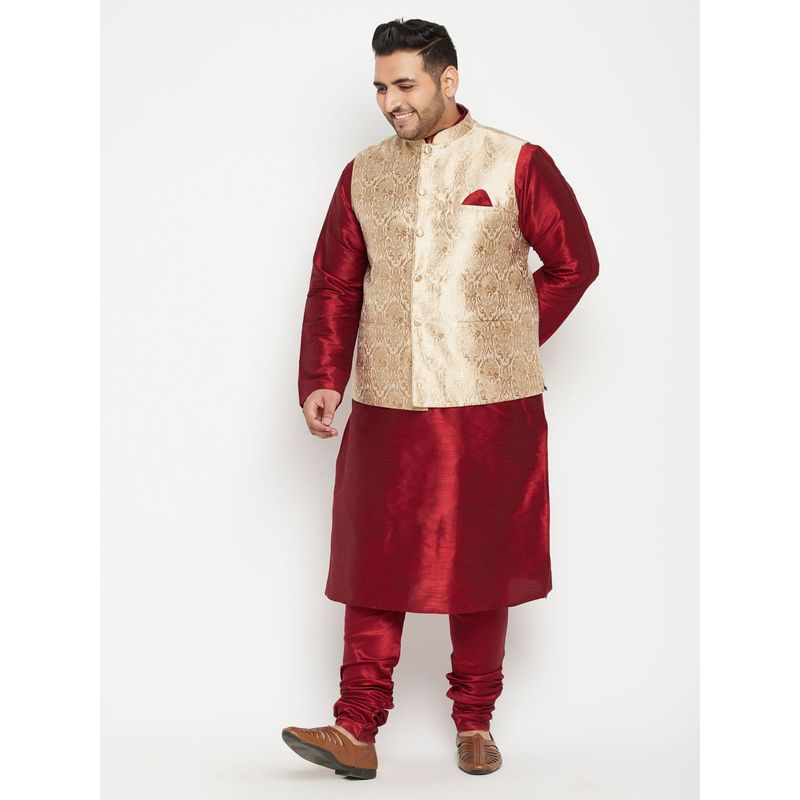 Vastramay Plus Men Maroon Silk Blend Jacket Kurta Churidar (Set of 3) (2XL)