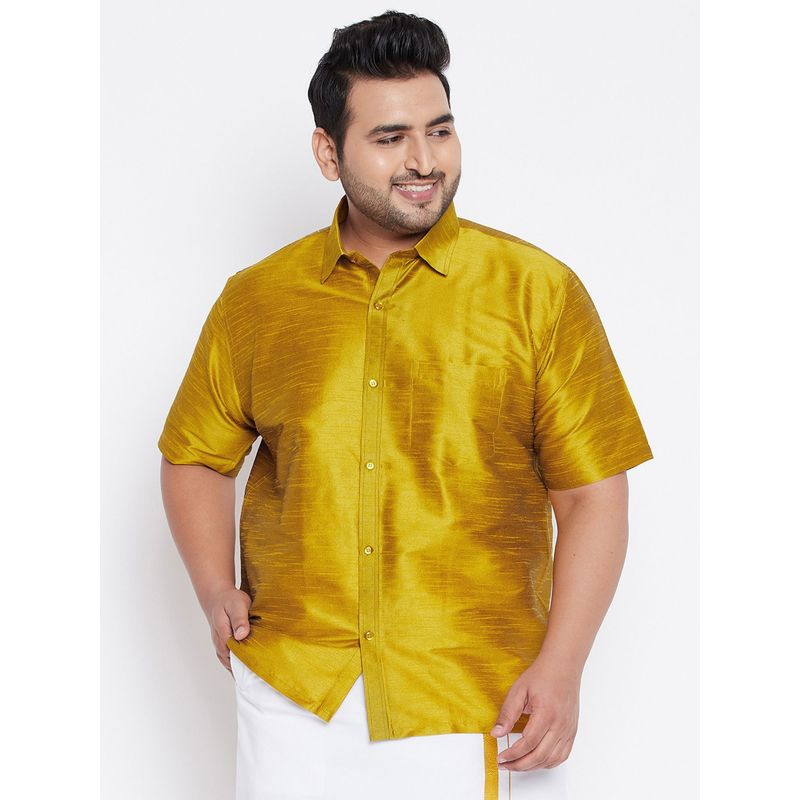 Vastramay Plus Men Mustard Silk Blend Ethnic Shirt (2XL)
