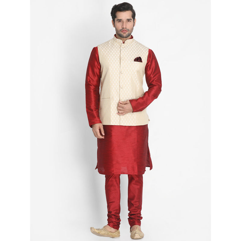 VASTRAMAY Maroon Silk Blend Kurta With Ethnic Jacket And Churidar (Set of 3) (S)