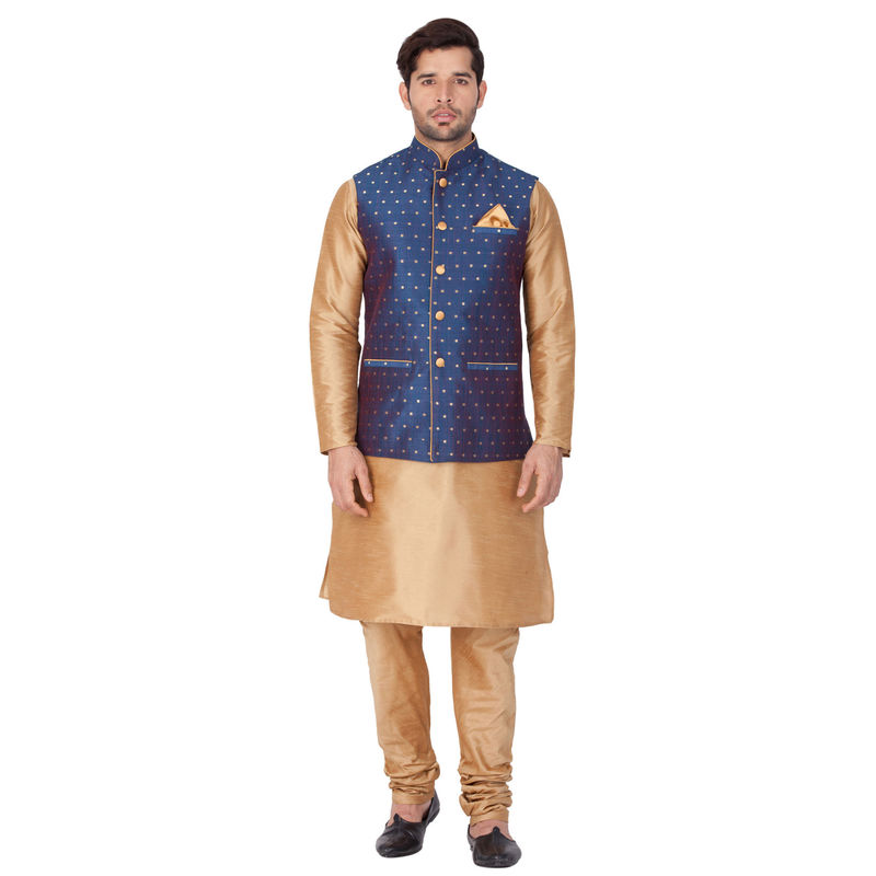VASTRAMAY Gold Silk Blend Kurta With Ethnic Jacket And Churidar (Set of 3) (L)
