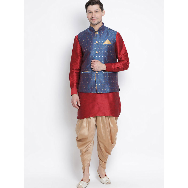 VASTRAMAY Maroon Silk Blend Ethnic Jacket With Kurta And Dhoti Pant (Set of 3) (S)