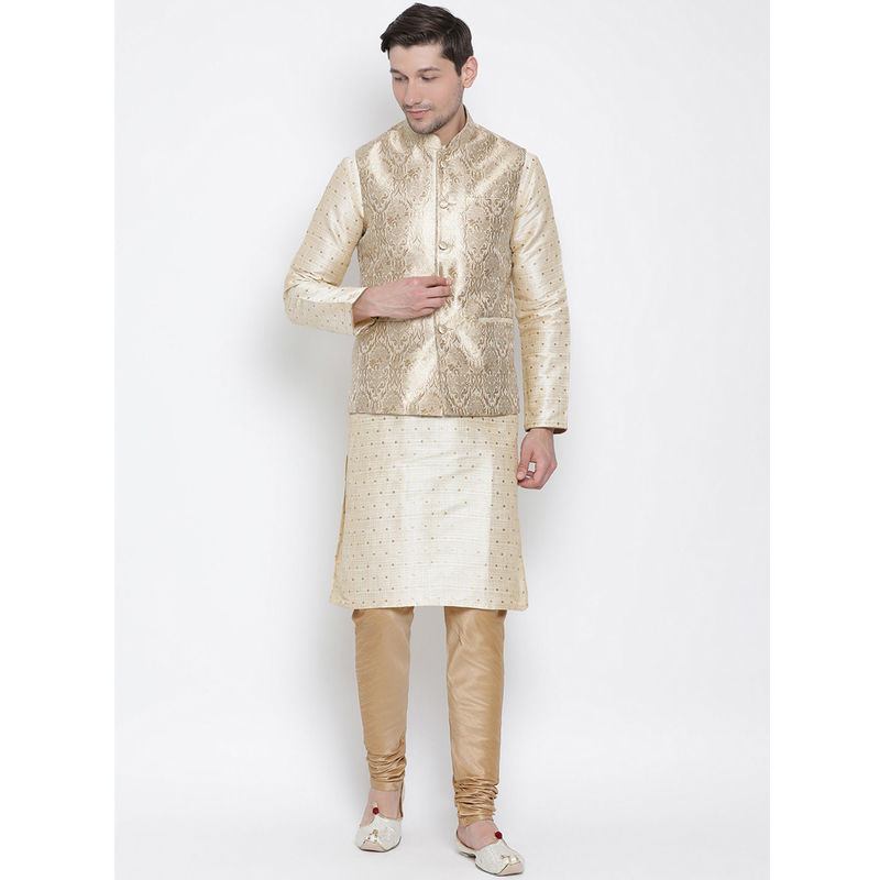 VASTRAMAY Gold Silk Blend Kurta With Ethnic Jacket And Churidar (Set of 3) (L)