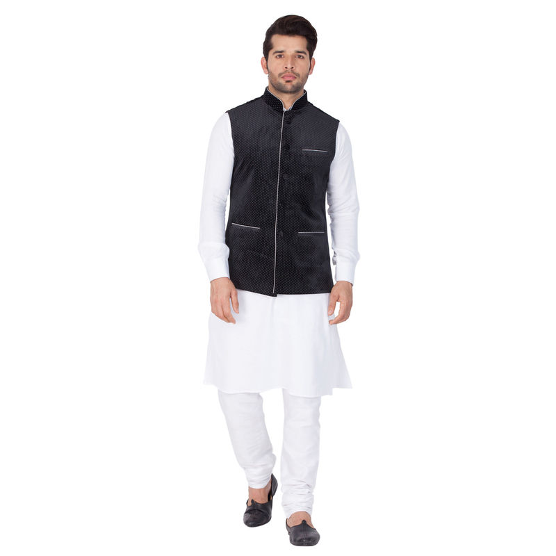 VASTRAMAY White Cotton Kurta With Ethnic Jacket And Churidar (Set of 3) (S)