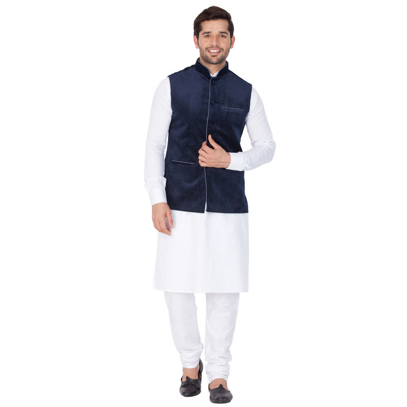 VASTRAMAY White Cotton Kurta With Ethnic Jacket And Churidar (Set of 3) (S)