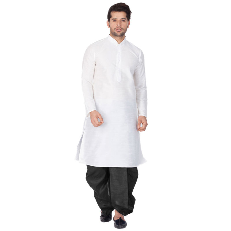 VASTRAMAY White Silk Blend Kurta And Dhoti Pant (Set of 2) (S)