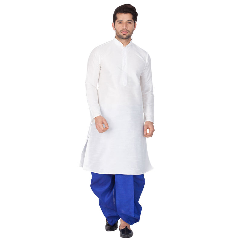 VASTRAMAY White Silk Blend Kurta And Dhoti Pant (Set of 2) (M)