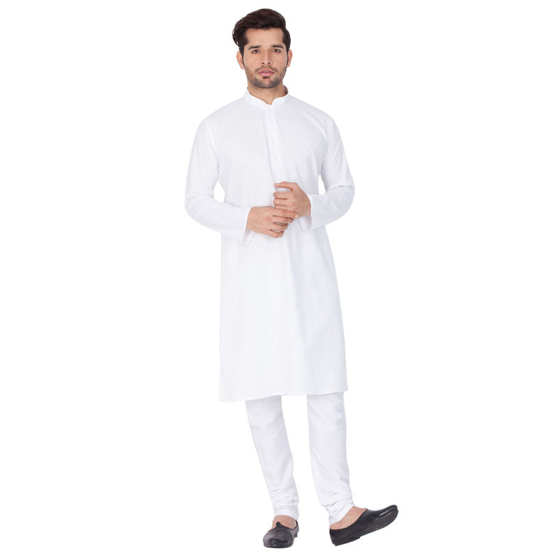 VASTRAMAY White Cotton Kurta And Churidar (Set of 2) (S)