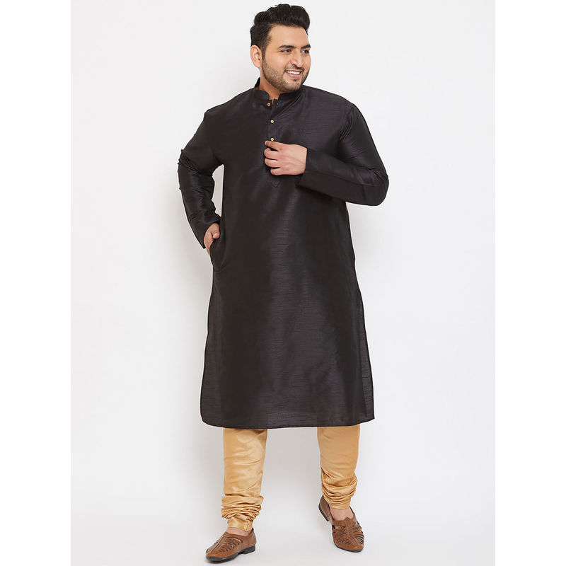 Vastramay Plus Men Black and Rose Gold Silk Blend Kurta Pyjama (Set of 2) (6XL)
