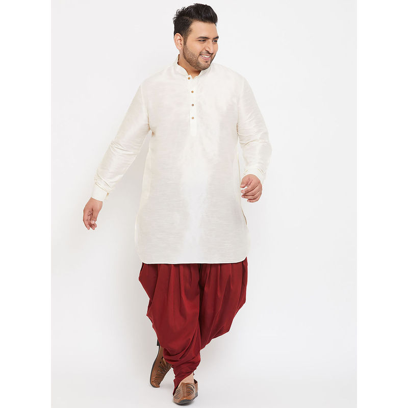 Vastramay Plus Men Cream and Maroon Silk Blend Kurta and Dhoti (Set of 2) (2XL)