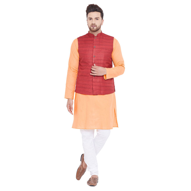 Vastramay Men Orange Cotton Blend Jacket, Kurta And Pyjama (Set Of 3) (S)