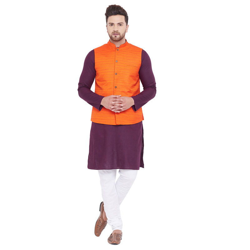 Vastramay Men Purple Cotton Blend Jacket, Kurta And Pyjama (Set Of 3) (S)