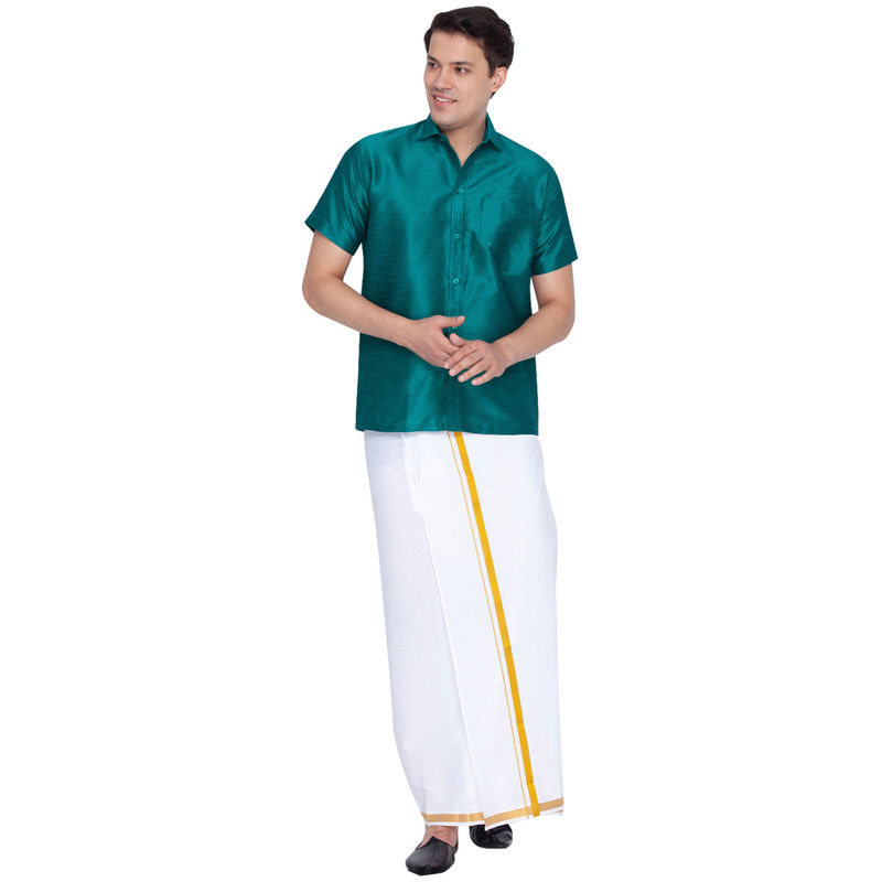 Vastramay Men Green And White Cotton Silk Shirt And Mundu (Set Of 2) (M)
