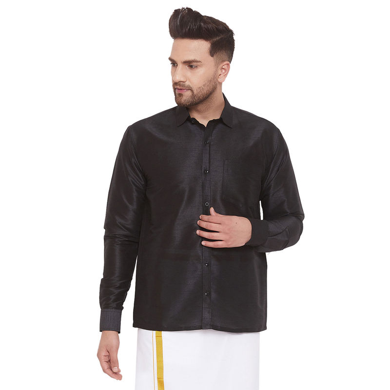 Vastramay Men Black Cotton Silk Ethnic Shirt (S)