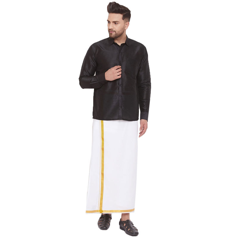 Vastramay Men Black And White Cotton Silk Shirt And Mundu (Set Of 2) (S)