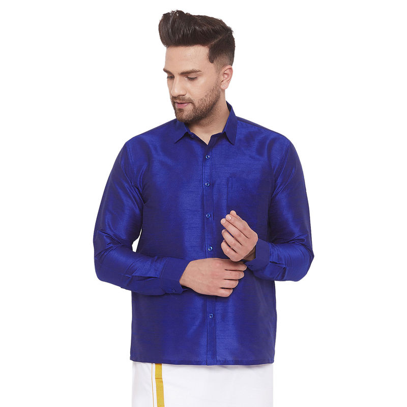 Vastramay Men Blue Cotton Silk Ethnic Shirt (L)