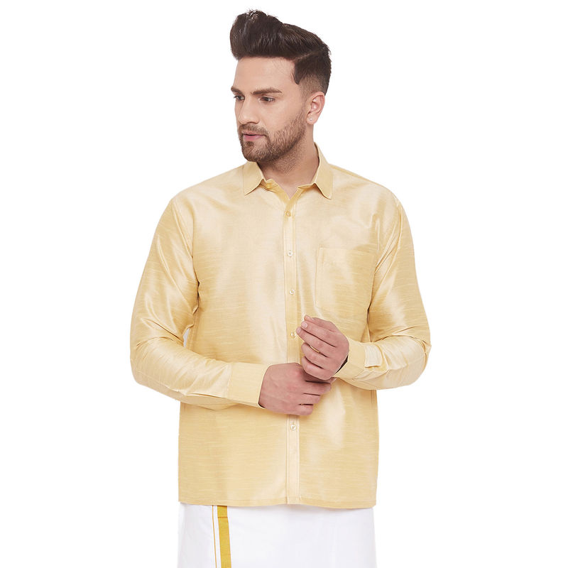 Vastramay Men Gold Cotton Silk Ethnic Shirt (L)