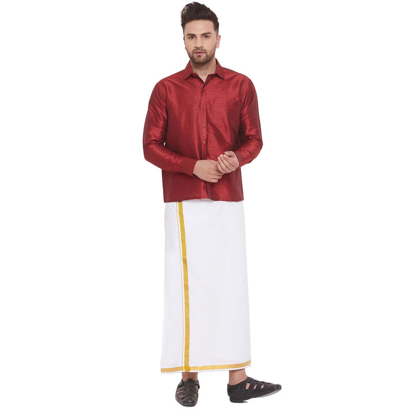 Vastramay Men Maroon And White Cotton Silk Shirt And Mundu (Set Of 2) (S)