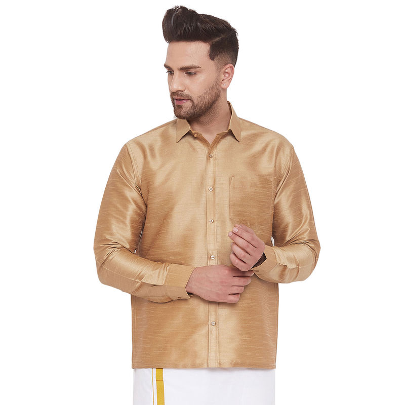 Vastramay Men Gold Cotton Silk Ethnic Shirt (L)