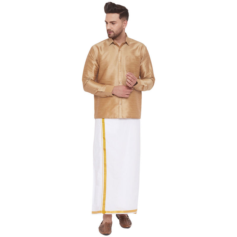 Vastramay Men Rose Gold And White Cotton Silk Shirt And Mundu (Set Of 2) (S)