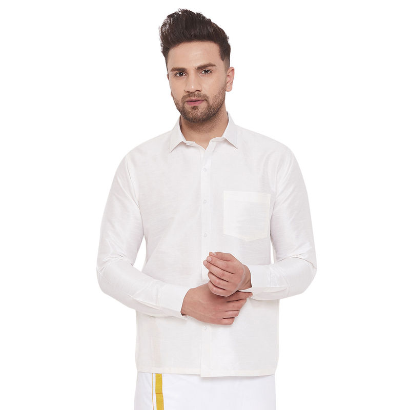 Vastramay Men White Cotton Silk Ethnic Shirt (XL)