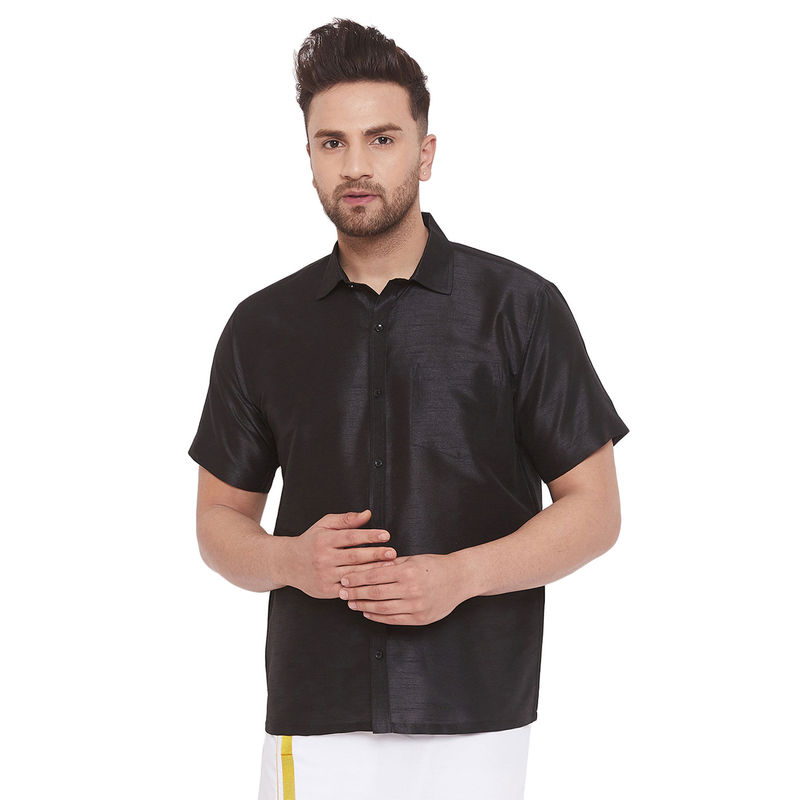 Vastramay Men Black Cotton Silk Ethnic Shirt (XL)