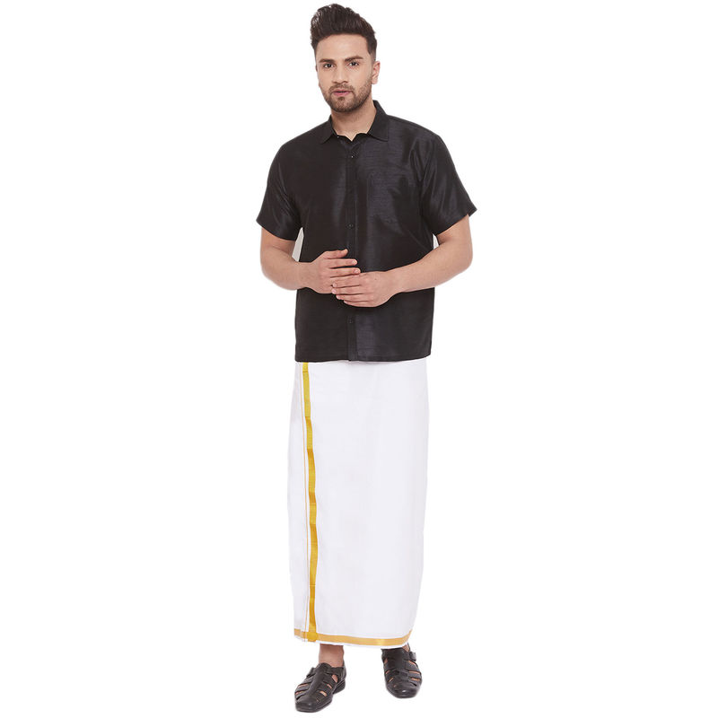 Vastramay Men Black And White Cotton Silk Shirt And Mundu (Set Of 2) (S)