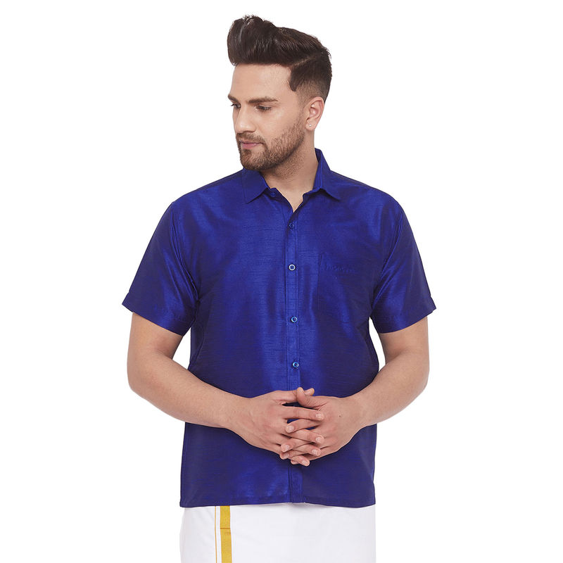 Vastramay Men Blue Cotton Silk Ethnic Shirt (S)