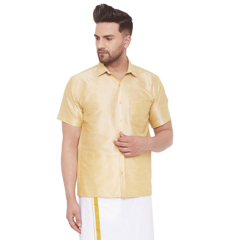 Vastramay Men Gold Cotton Silk Ethnic Shirt (L)
