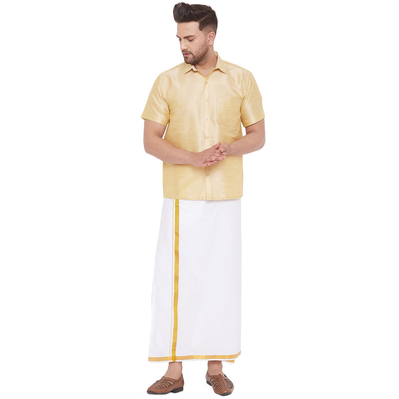 Vastramay Men Gold And White Cotton Silk Shirt And Mundu (Set Of 2) (S)