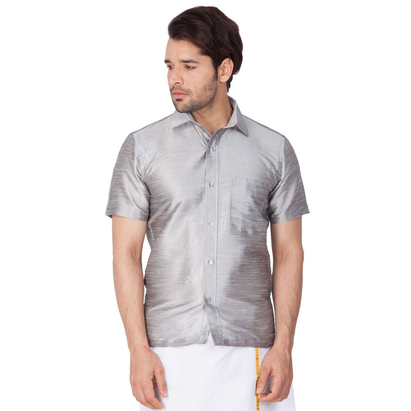 Vastramay Men Grey Cotton Silk Ethnic Shirt (3XL)