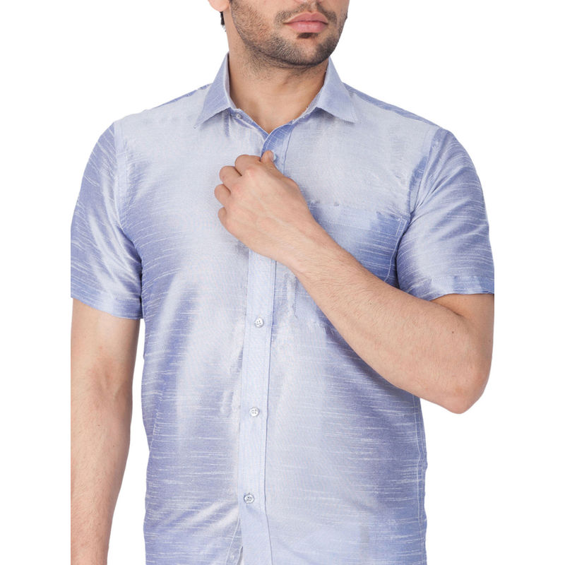Vastramay Men Light Blue Cotton Silk Ethnic Shirt (M)