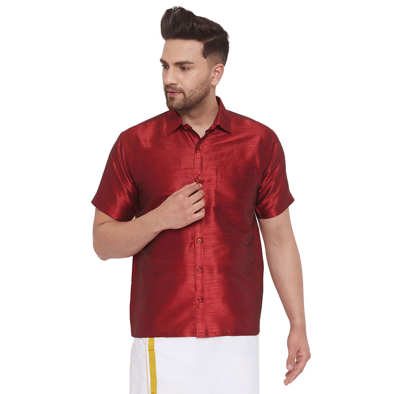 Vastramay Men Maroon Cotton Silk Ethnic Shirt (S)