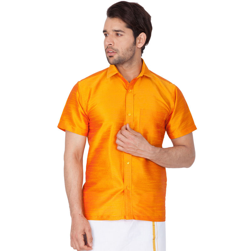 Vastramay Men Orange Cotton Silk Ethnic Shirt (S)