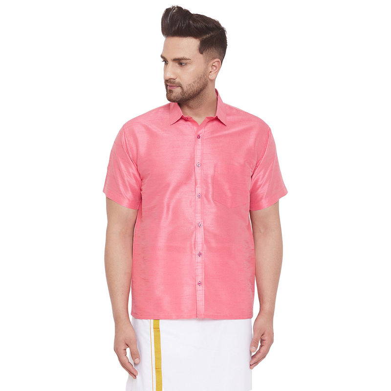 Vastramay Men Pink Cotton Silk Ethnic Shirt (S)