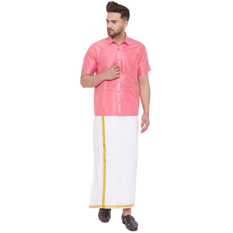 Vastramay Men Pink And White Cotton Silk Shirt And Mundu (Set Of 2) (M)