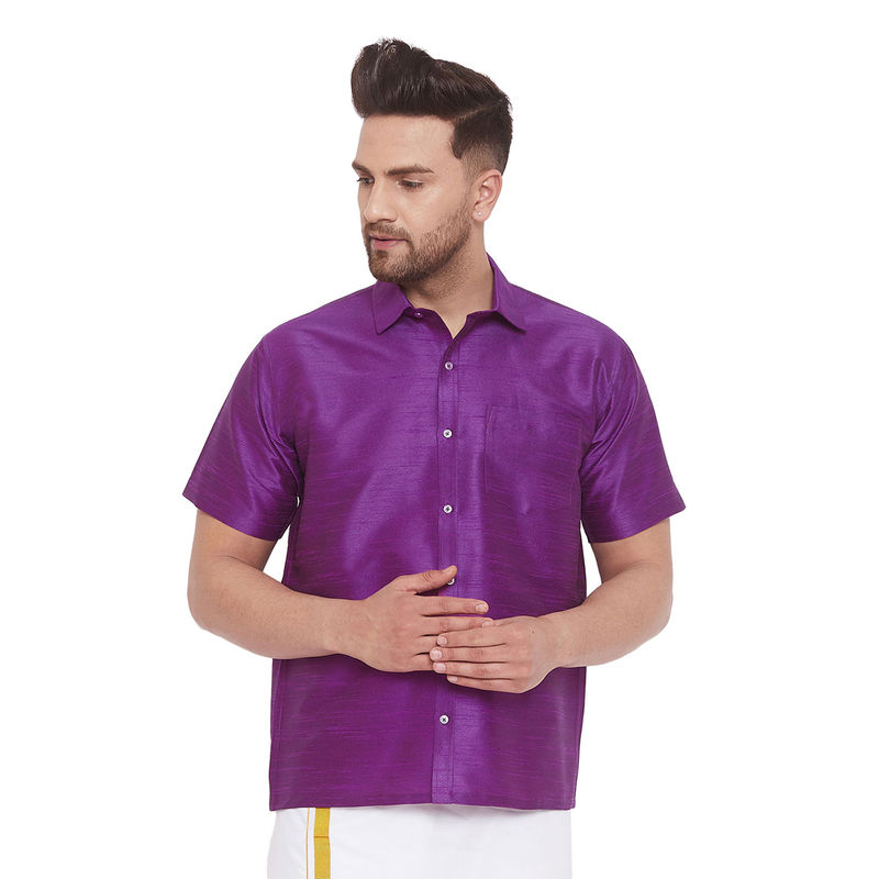 Vastramay Men Purple Cotton Silk Ethnic Shirt (M)