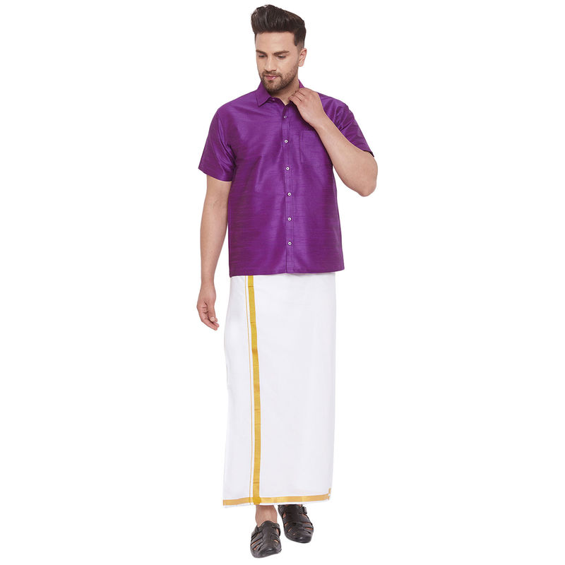Vastramay Men Purple And White Cotton Silk Shirt And Mundu (Set Of 2) (M)