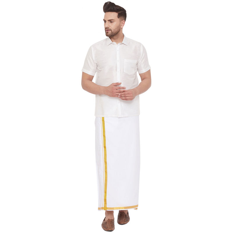 Vastramay Men White Cotton Silk Shirt And Mundu (Set Of 2) (S)